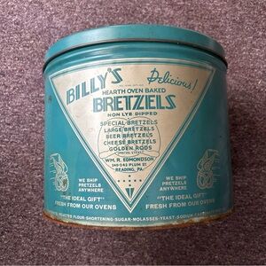 Billy's Brietzeils Vintage Teal Tin - Billy's Pretzels 1940’s-50’s Aqua Blue